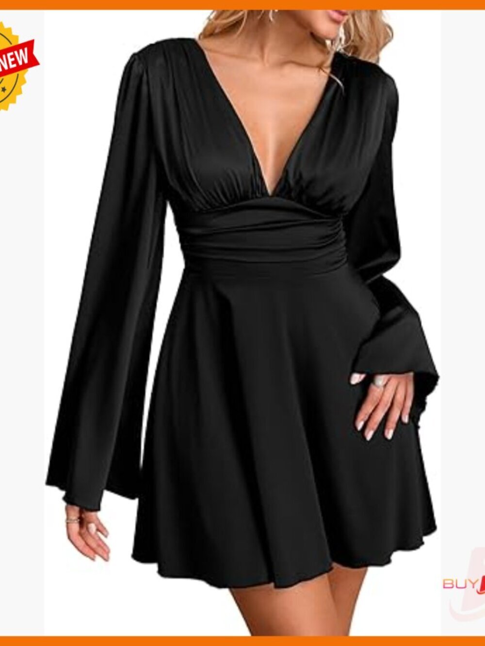 Long Sleeve Mini Dress Deep V-Neck Bell Sleeves Satin Wedding Guest